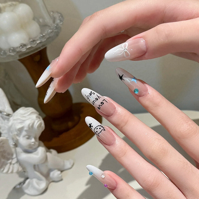 Twinkle Cat Press-On Nails — Milky Ombre Doodle Cat Long Almond Fake Nails