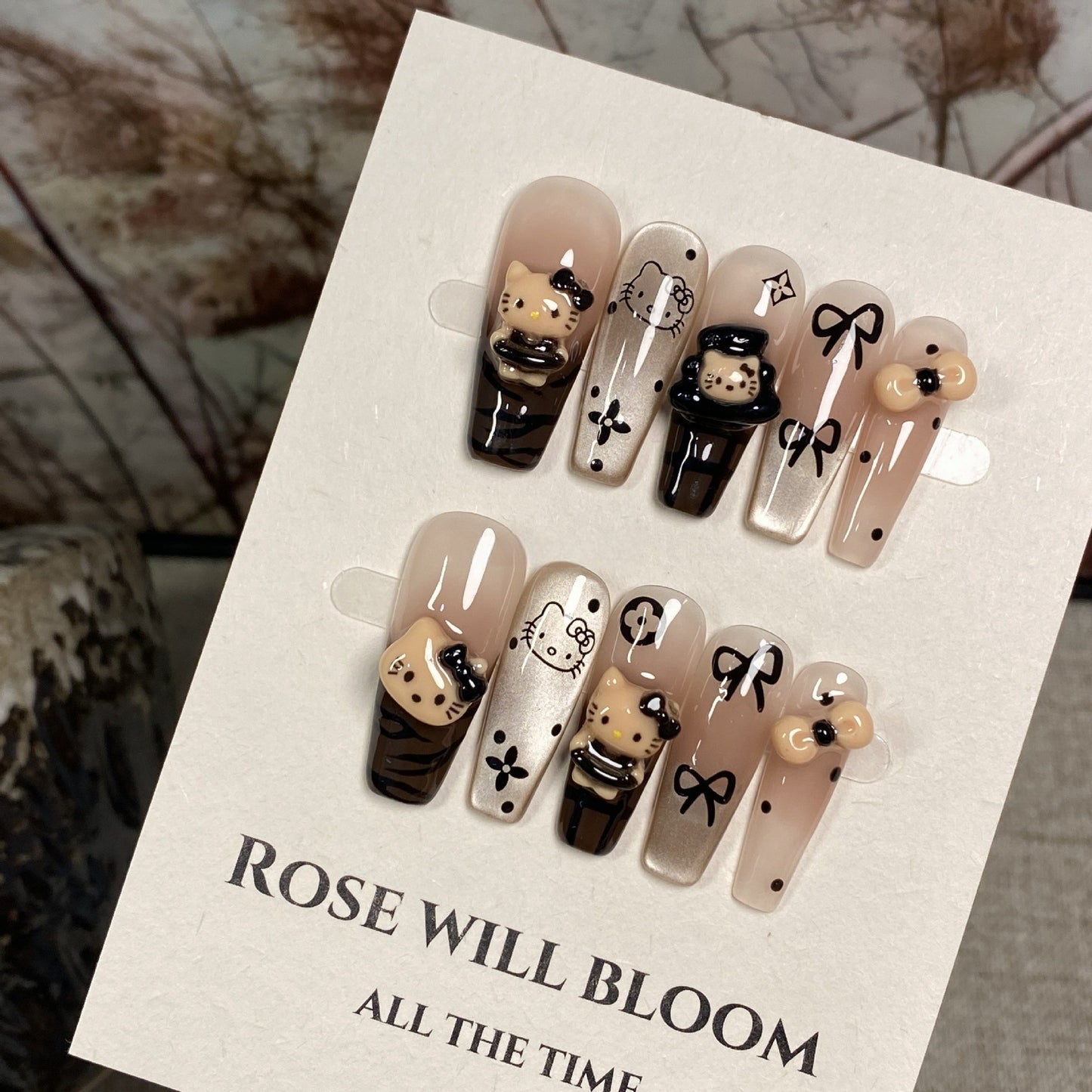 Caramel Kitty Mocha Cat-Eye Press-On Nails — 3D Bows