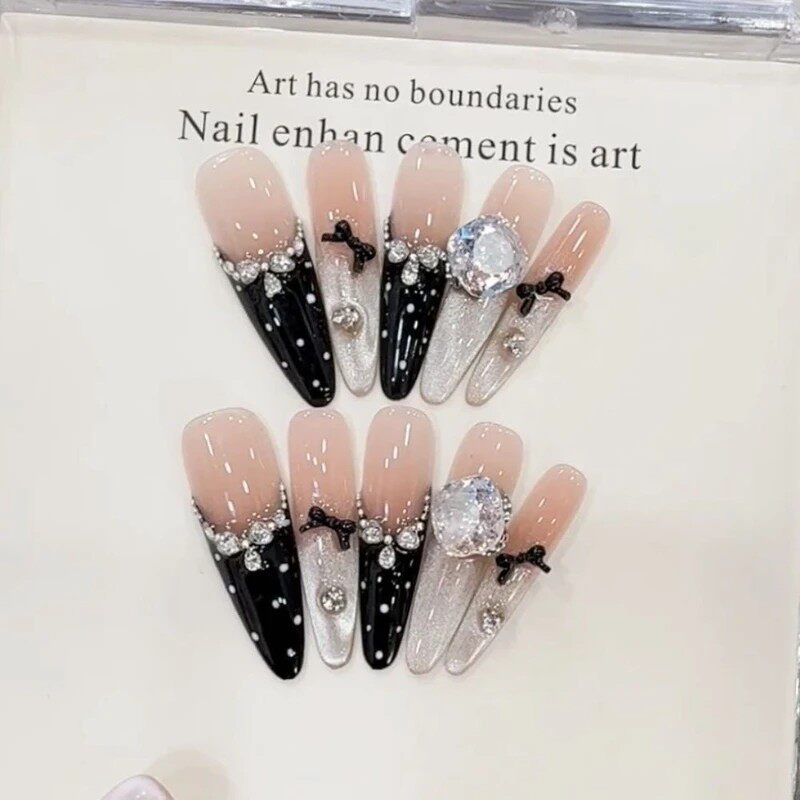 Handmade French Polka-Dot Bow Press-On Nails - Glitter Cat-Eye Rhinestone Long Stiletto