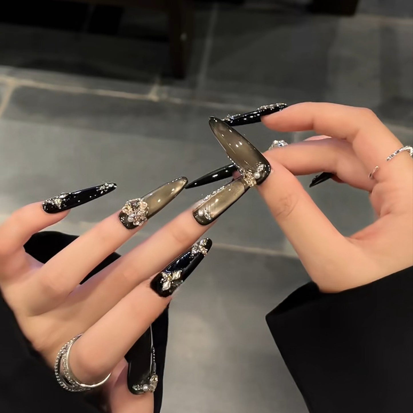 Gilded Gala Black & Gold Cat-Eye Crystal Press-On Nails — Evening Luxe