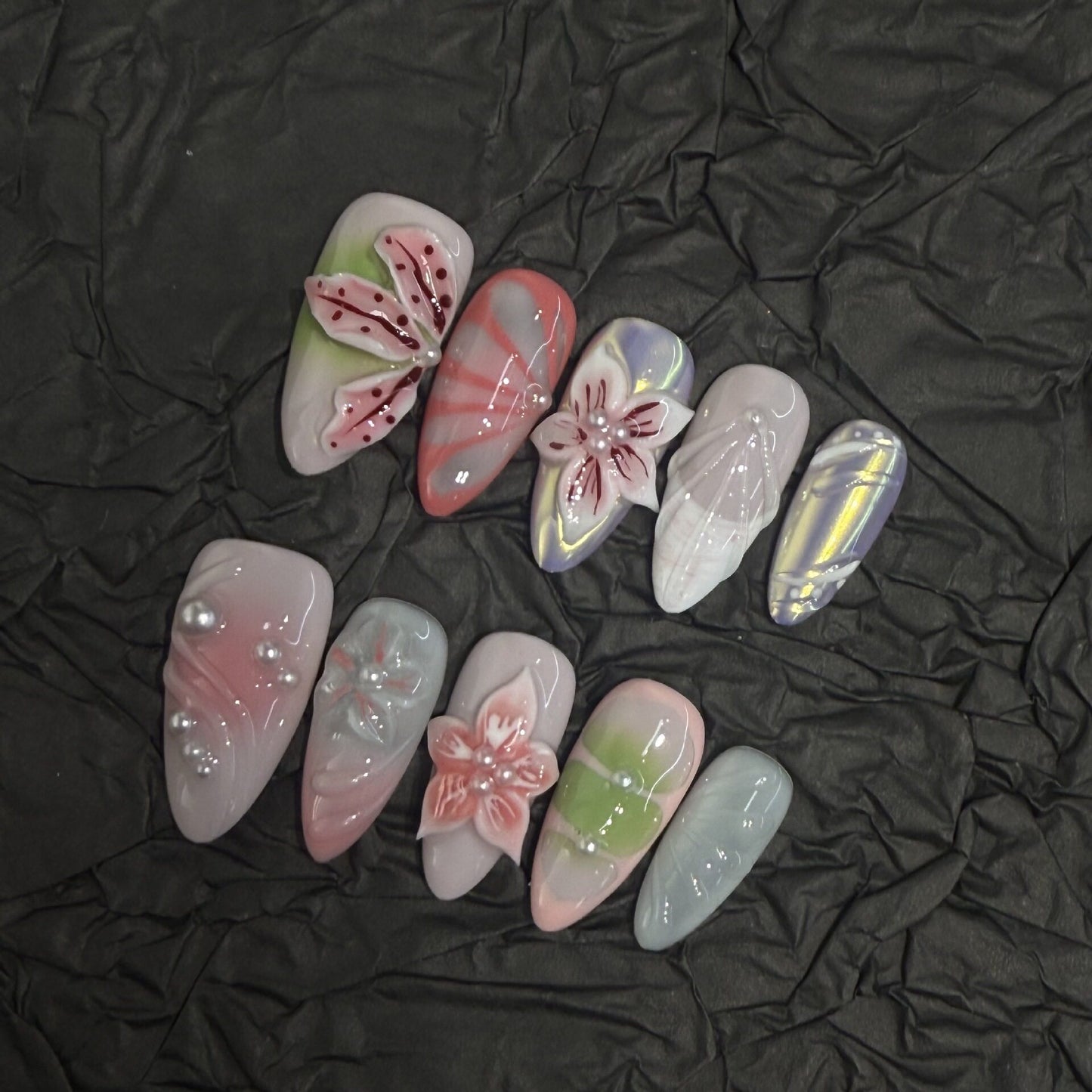 Carved 3D Floral Press-On Nails — Sweet-Edgy Pastel Aurora Reusable Set