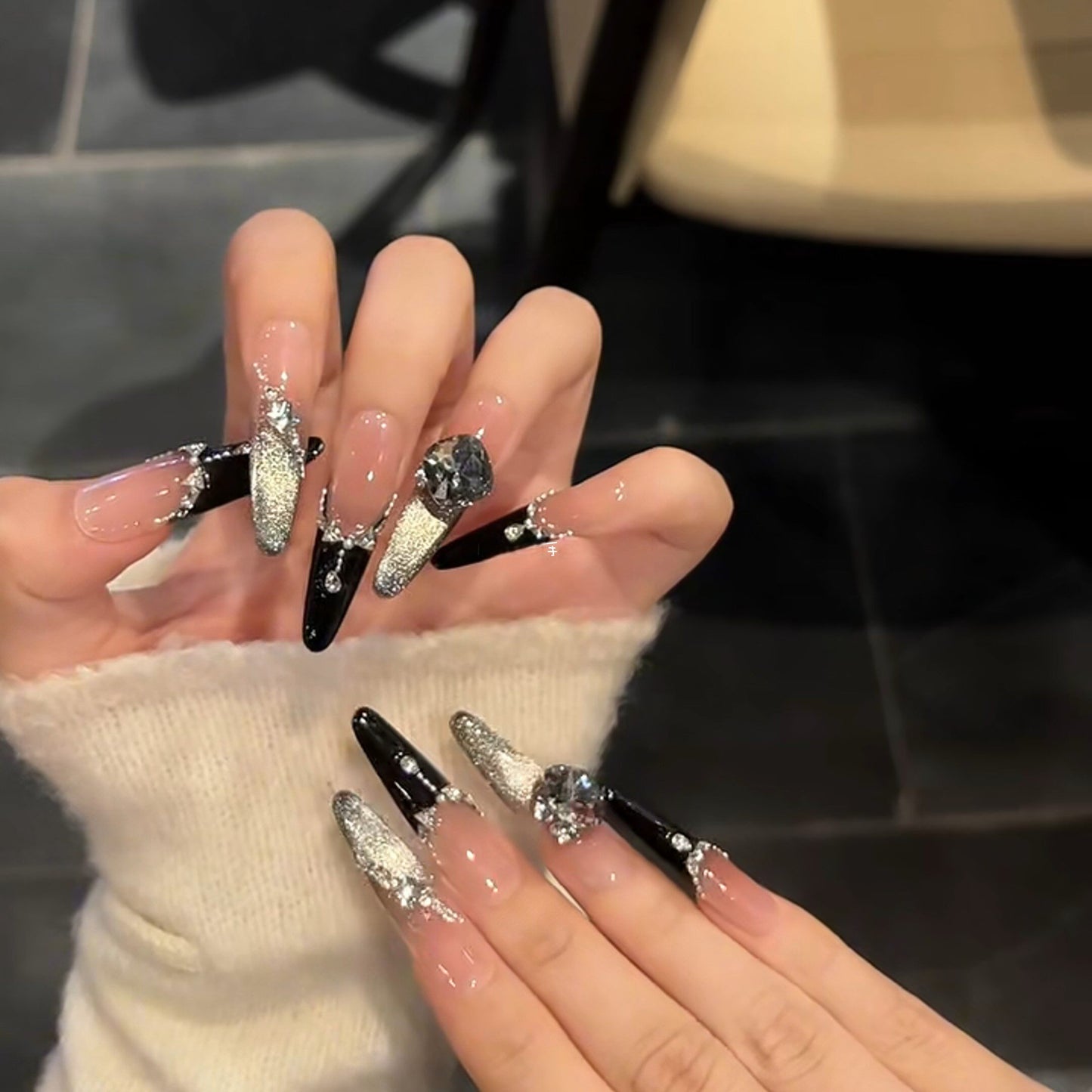 Midnight Eclipse Black French Cat-Eye Crystal Press-On Nails — Silver Sparkle