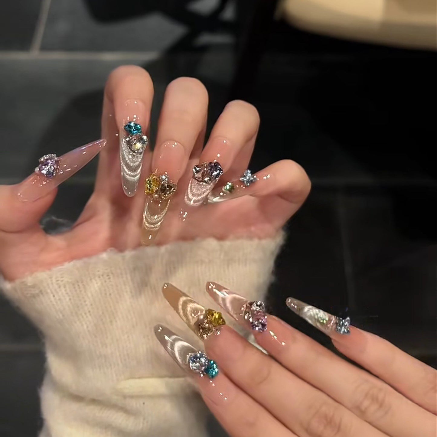 Dopamine Jewel Box Multicolor Gem Press-On Nails — Crystal Clusters