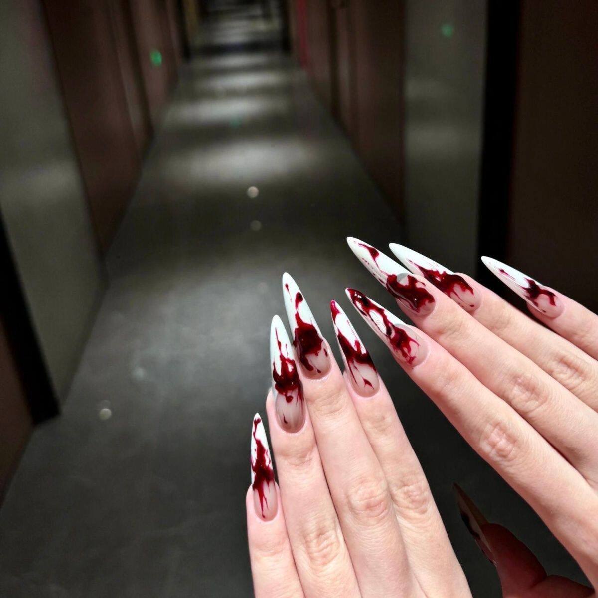 Blood Splatter Press-On Nails - Halloween Horror Long Stiletto Fake Nails