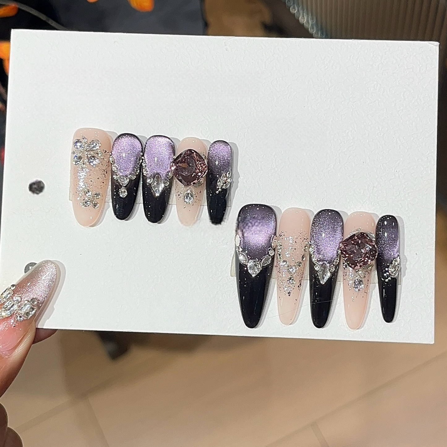 Violet Cat-Eye Long Press-On Nails | Handmade Stacked Gems