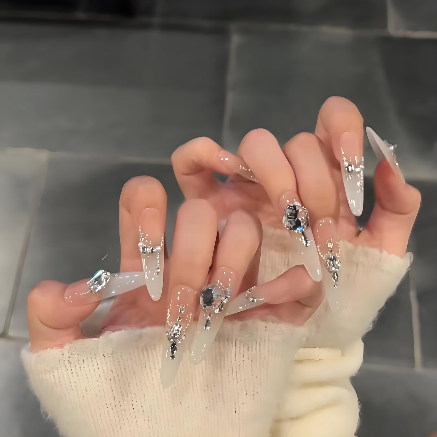 Icy Moonstone | White & Pink Press-On Nails