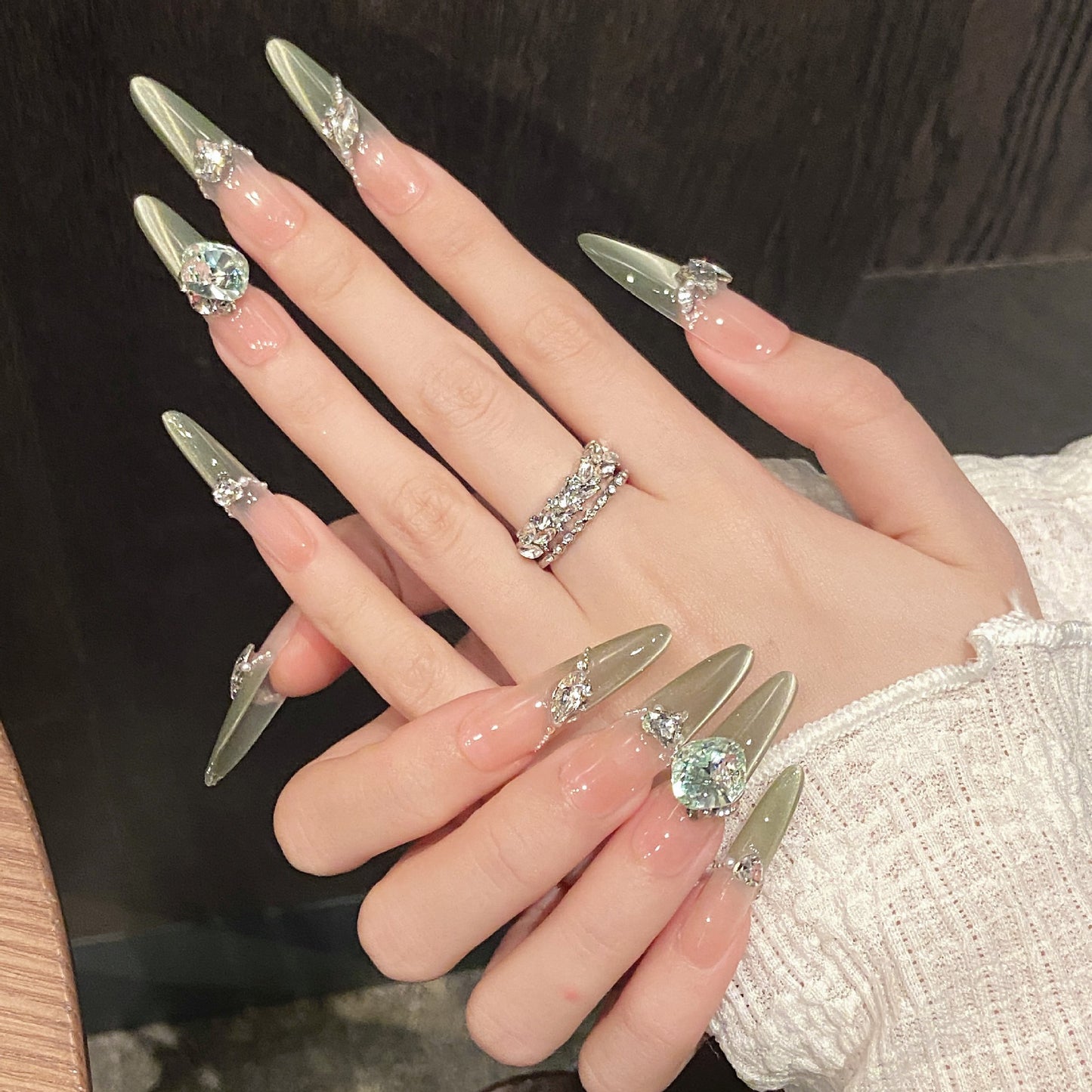 Olive Green & Mint Cat-Eye Press-On Nails