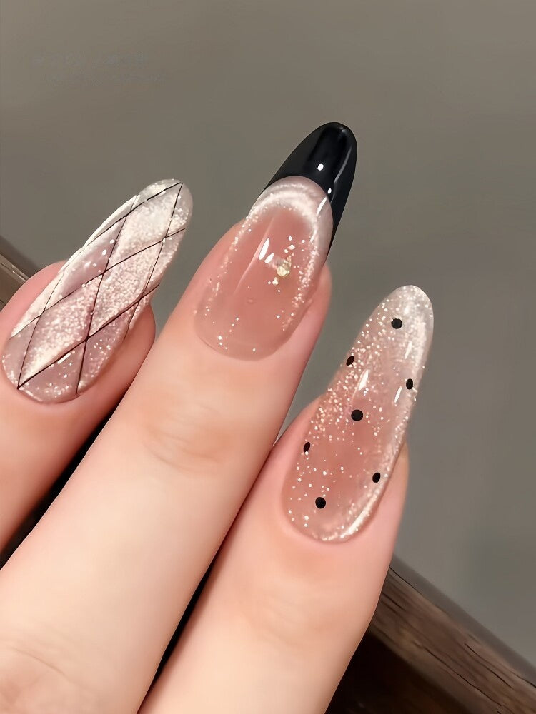Vintage Black French Argyle Cat-Eye Press-On Nails - Dinner Luxe (5 Shapes)