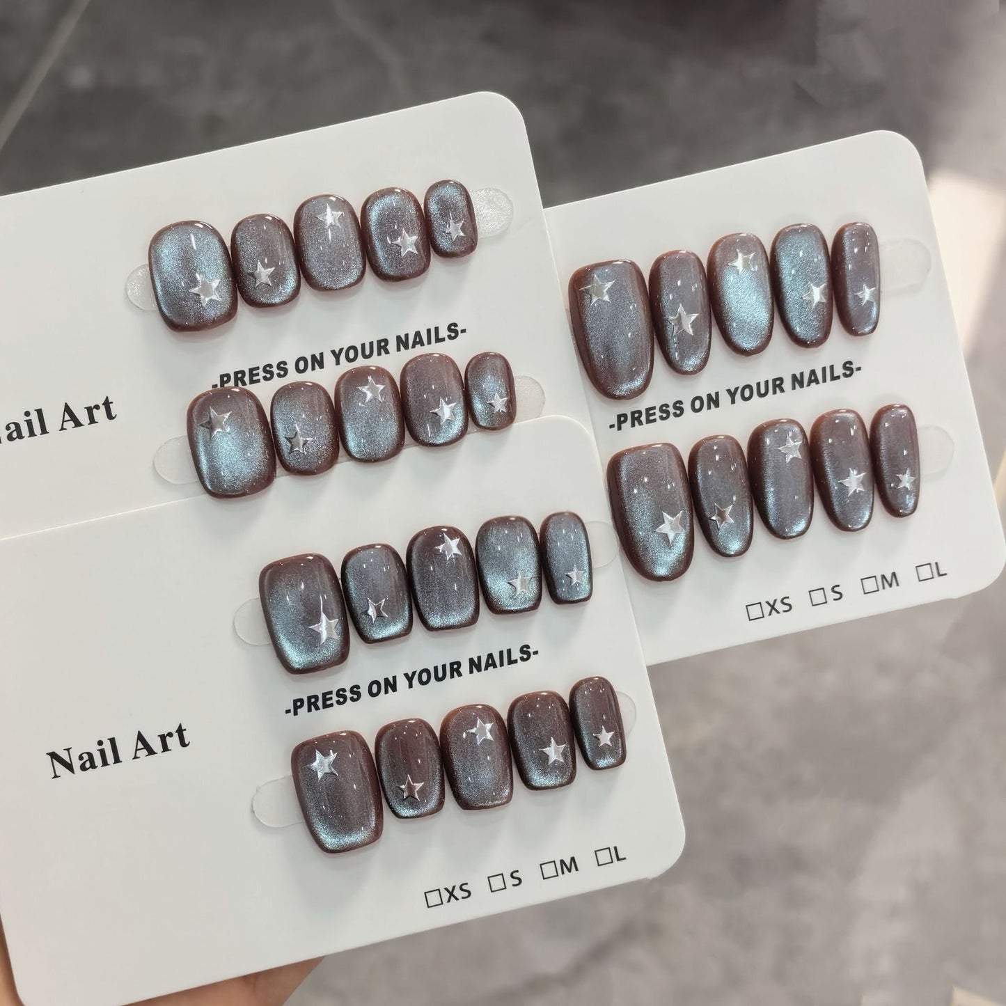 Midnight Stardust Black Cat-Eye Press-On Nails — Silver Star Short Nails (3 Shapes)