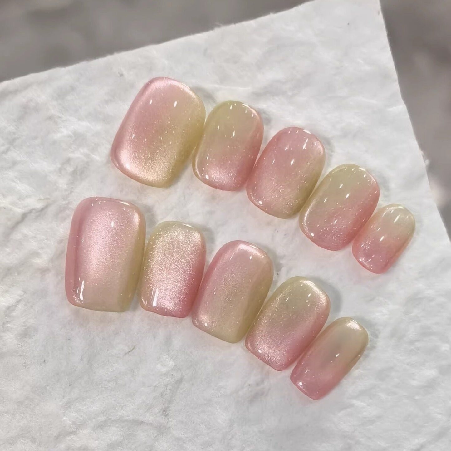 Summer Sorbet Pink Yellow Cat-Eye Press-On Nails — Jelly Ombre Short Nails (4 Shapes)