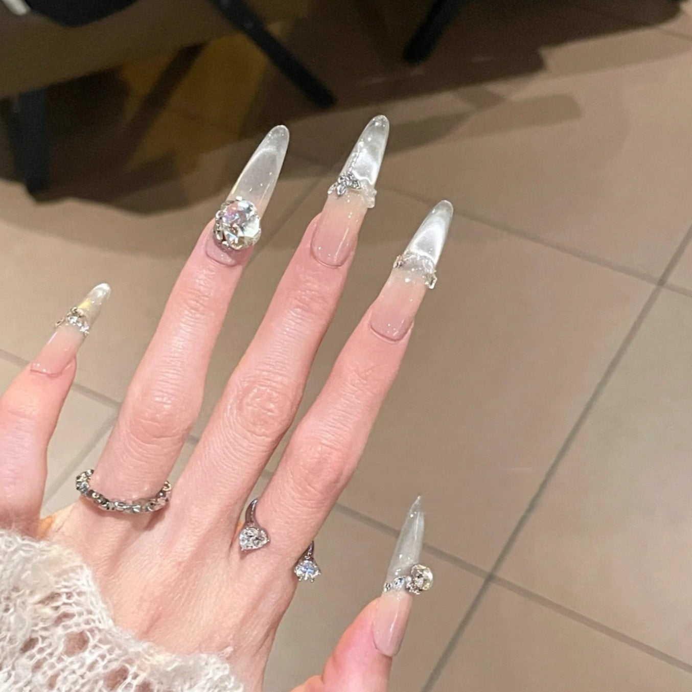 Snowmelt Silver Cat-Eye Crystal Press-On Nails — Icy French