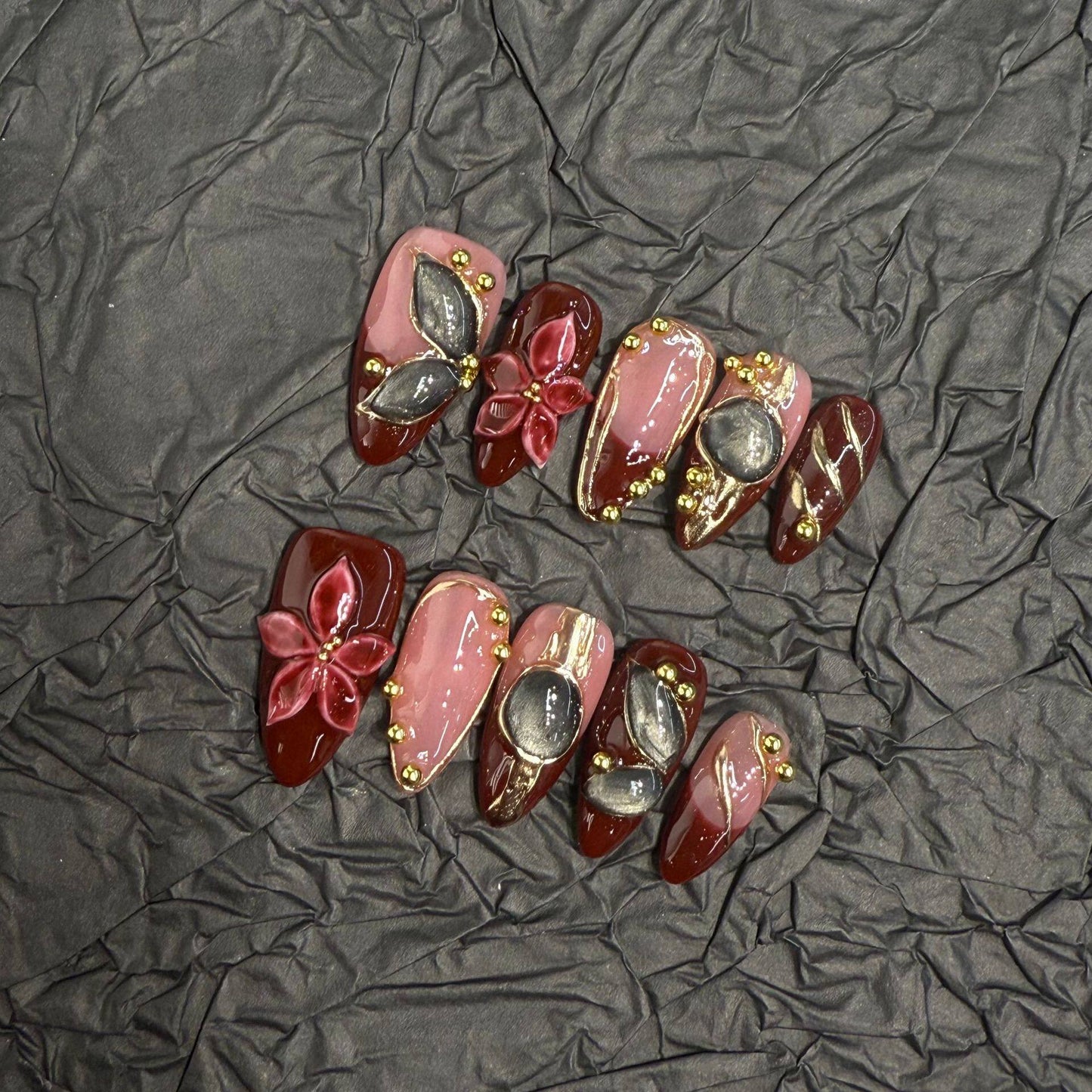 3D Carved Baroque Press-On Nails — Vintage Burgundy Flower Reusable Fake Nails
