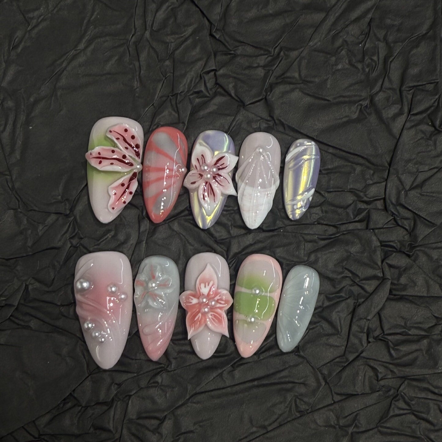 Carved 3D Floral Press-On Nails — Sweet-Edgy Pastel Aurora Reusable Set