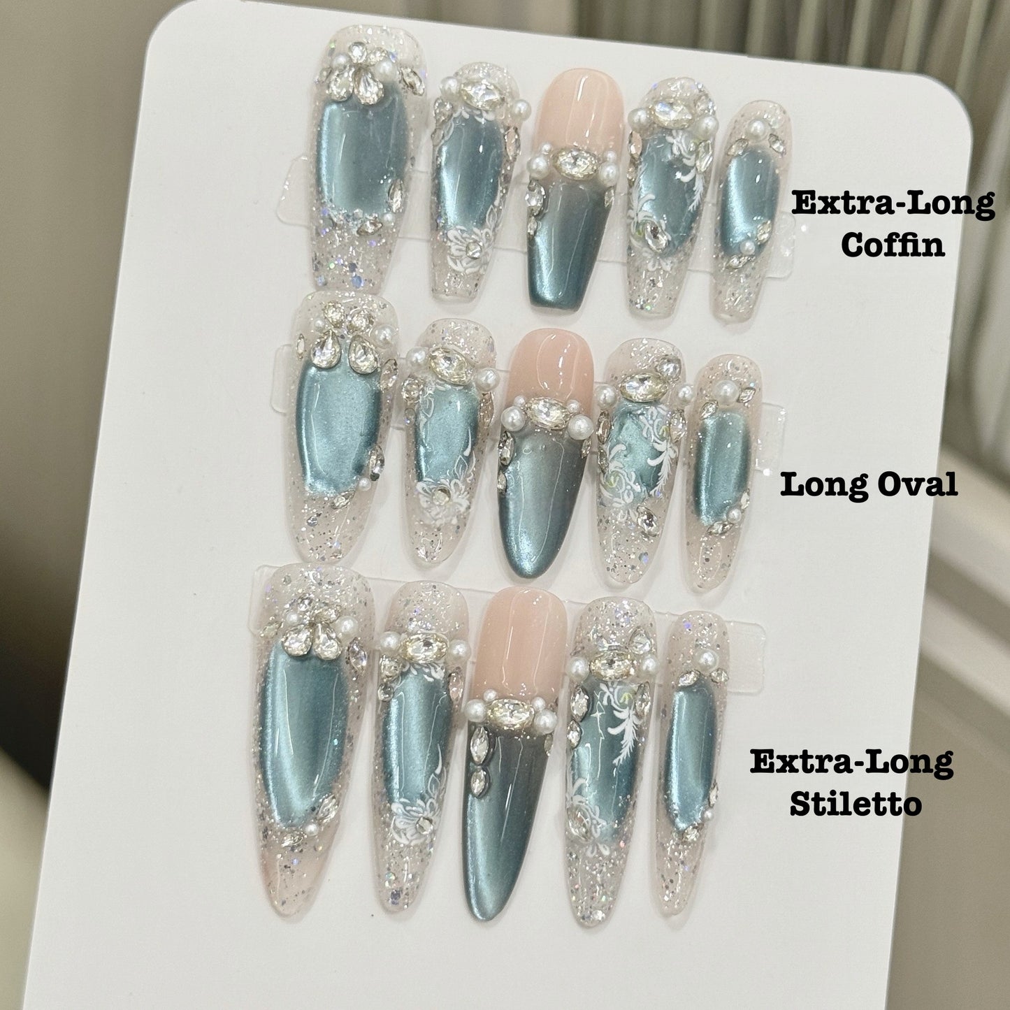 Sayram Lake Icy Blue Cat-Eye Pearl Press-On Nails — Crystal Glow