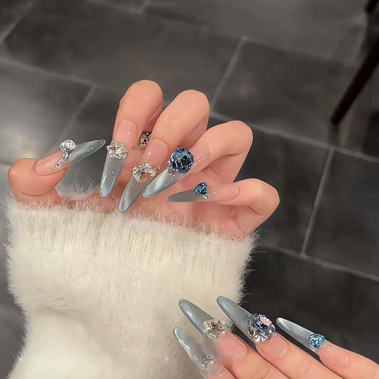 Blue Rhinestone Press-On Nails — Luxury Long Almond Fake Nails (SG861)