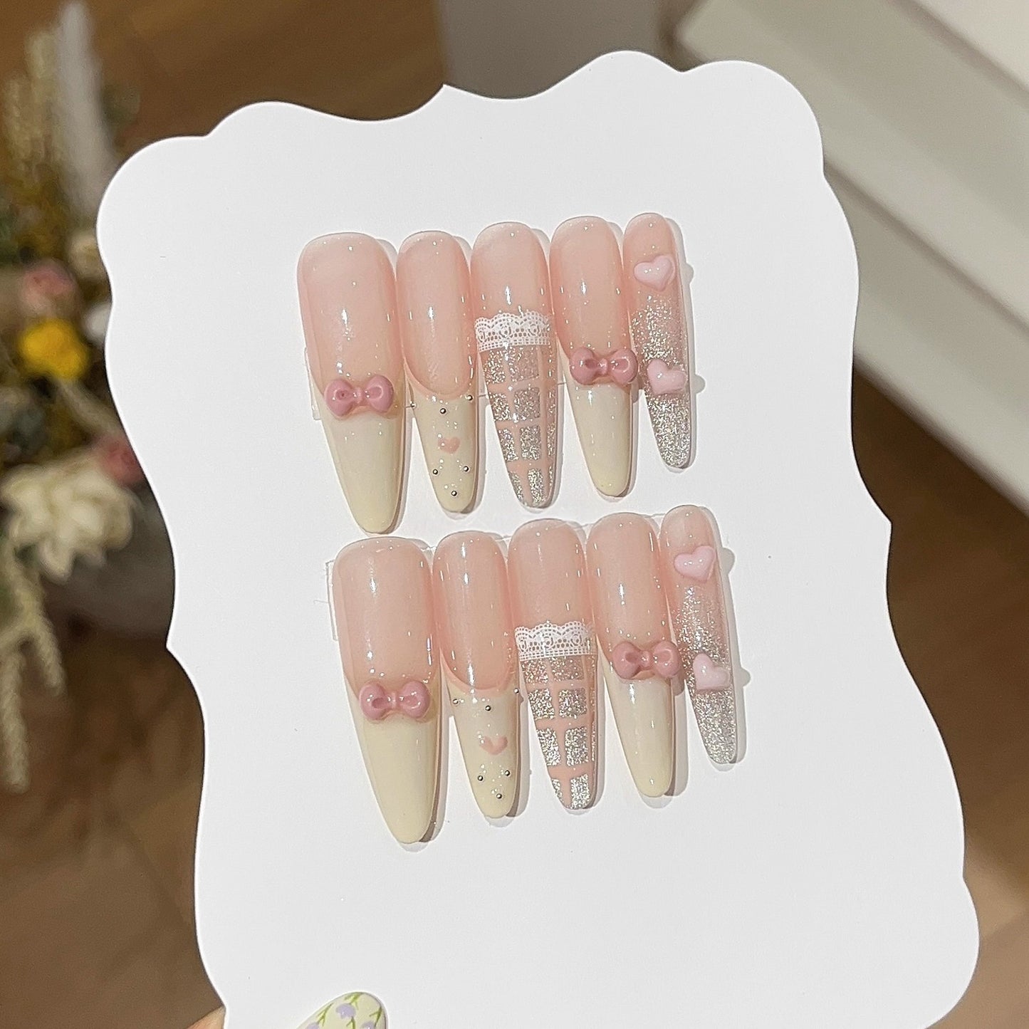 Ribbon Reverie Pink French Press-On Nails — 3D Bows & Lace