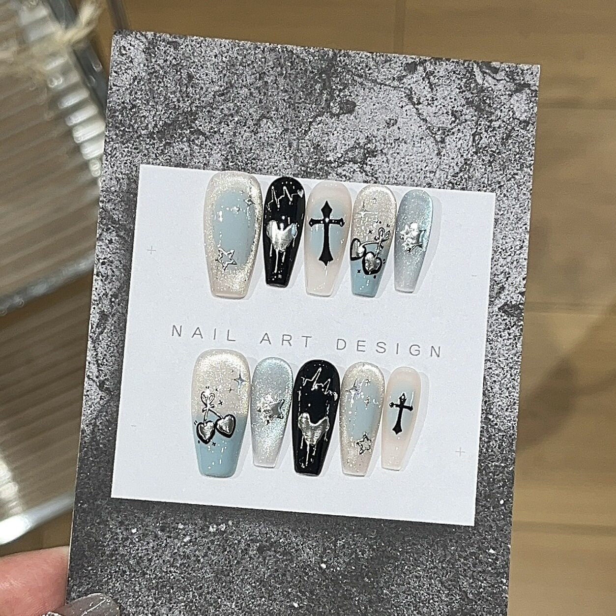 Mint Whisper Y2K Gothic Cat-Eye Press-On Nails — Silver Hearts & Crosses
