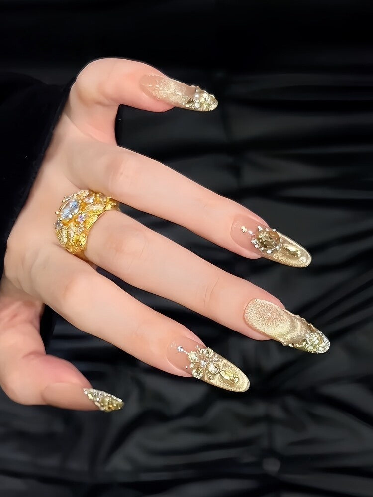 Champagne Gold Glitter French Cat-Eye Press-On Nails - Reusable Bridal False Nails (4 Shapes)