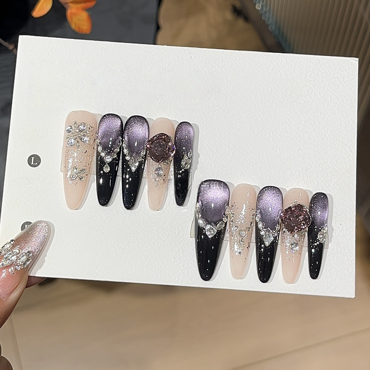 Violet Cat-Eye Long Press-On Nails | Handmade Stacked Gems