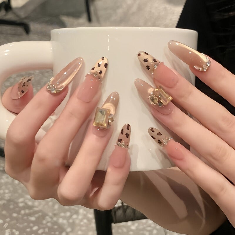 Leopard Rhinestone French Gold Cat-Eye Press-On Nails - Luxe Reusable Handmade False Nails (3 Lengths)