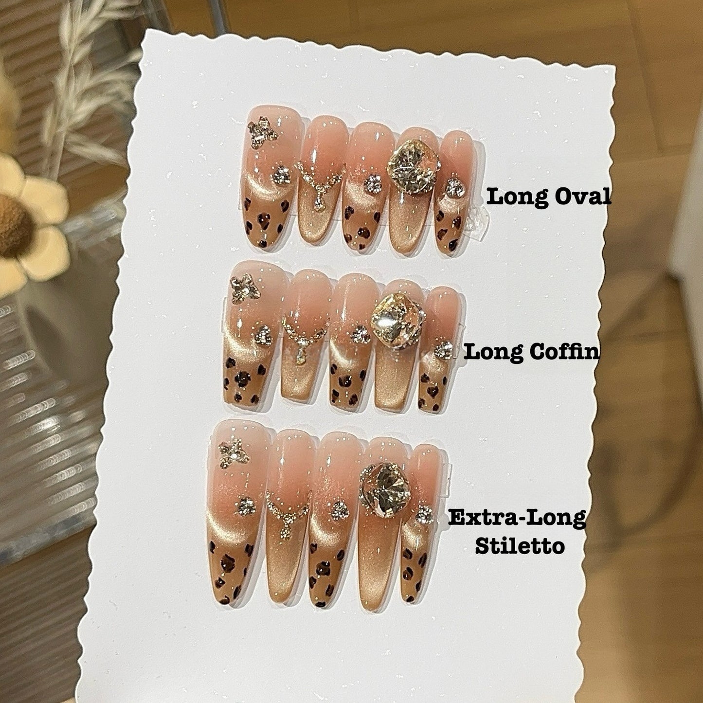 Caramel Safari Leopard Cat-Eye Crystal Press-On Nails — Champagne Glam