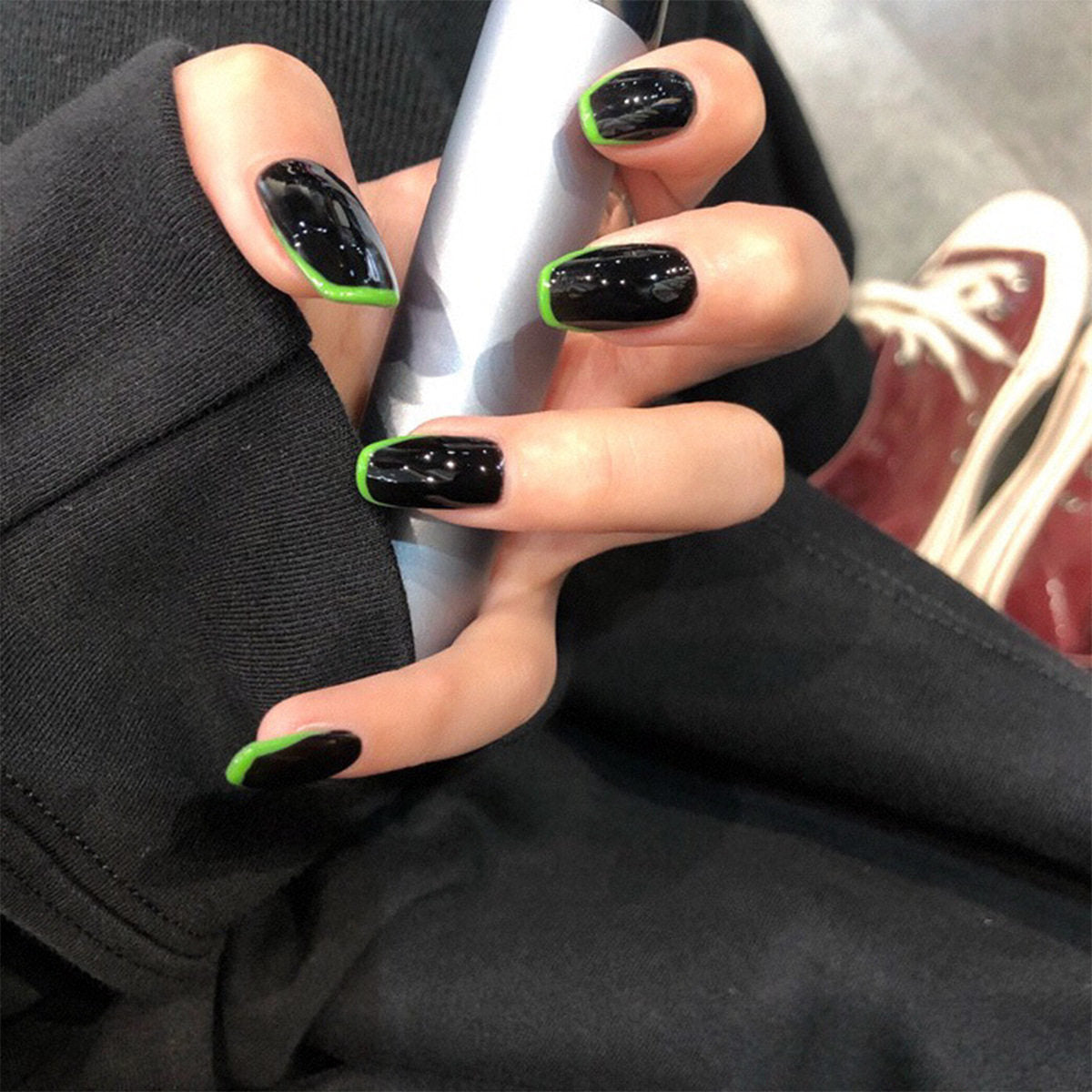 Black Green Graffiti Press-On Nails — Long Edgy Y2K Neon Statement Set