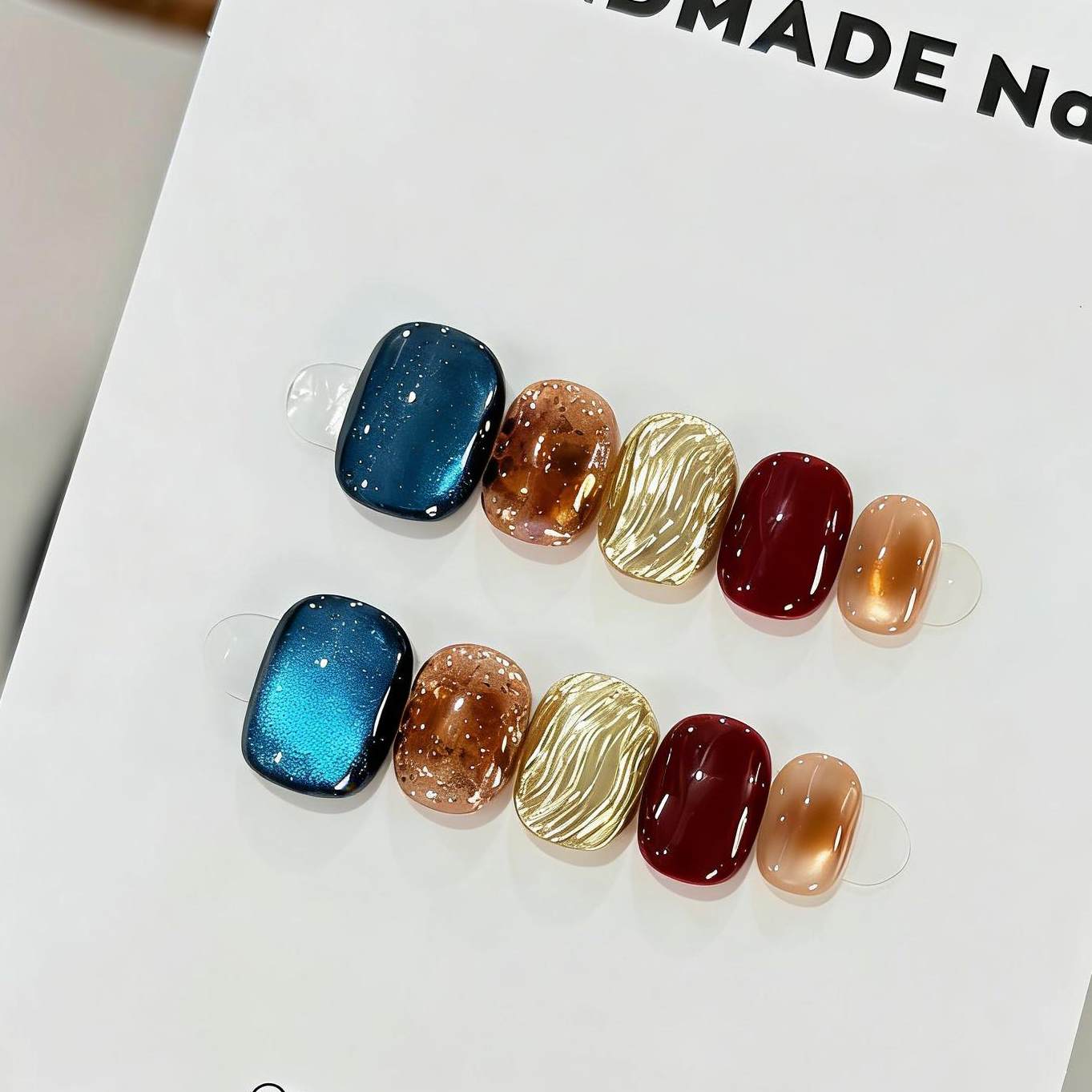 Red Blue Cat-Eye Chrome Press-On Nails - Short Color-Block Party False Nails