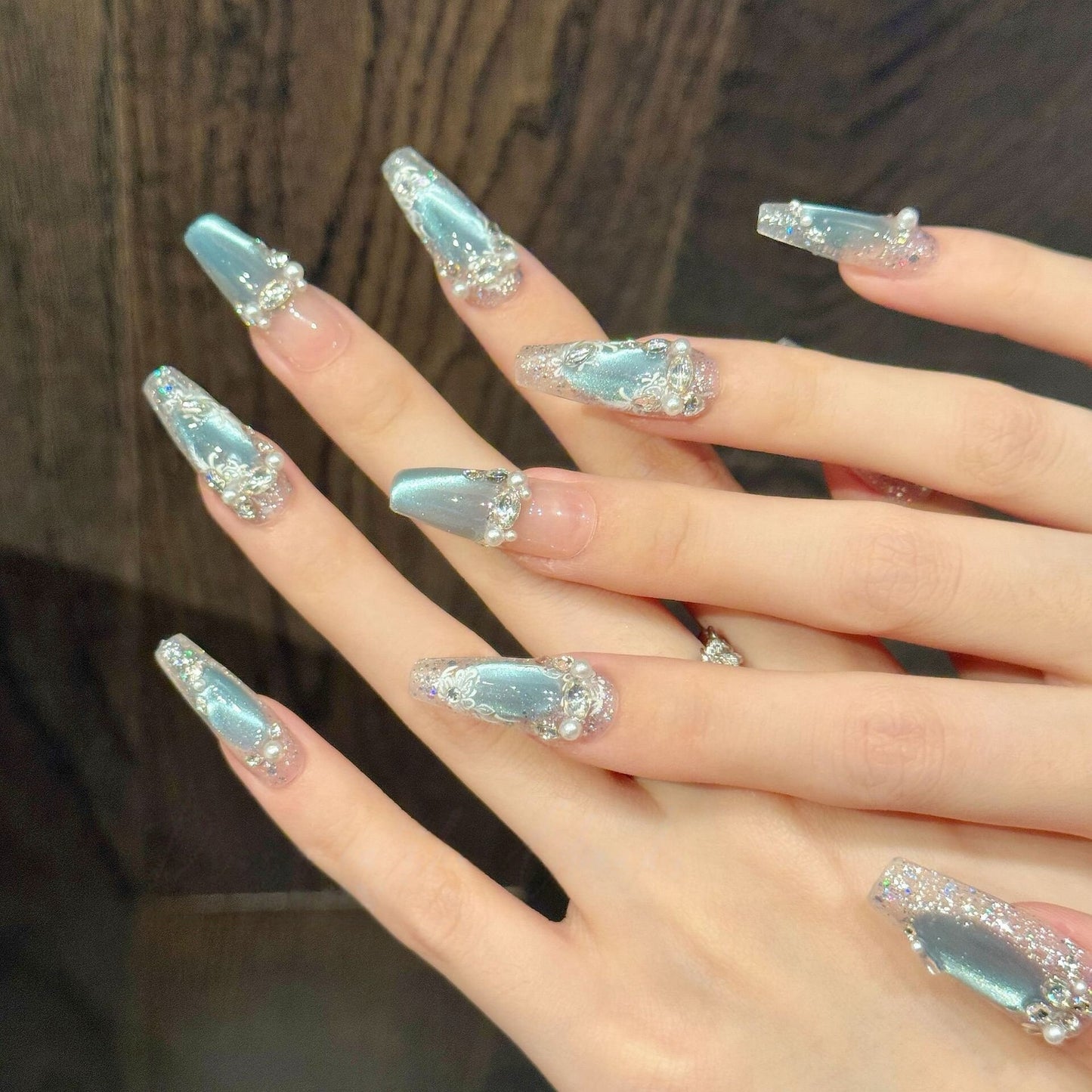 Baroque Blue Cat-Eye Press-On Nails - Elegant Handmade False Nails (24 Designs)