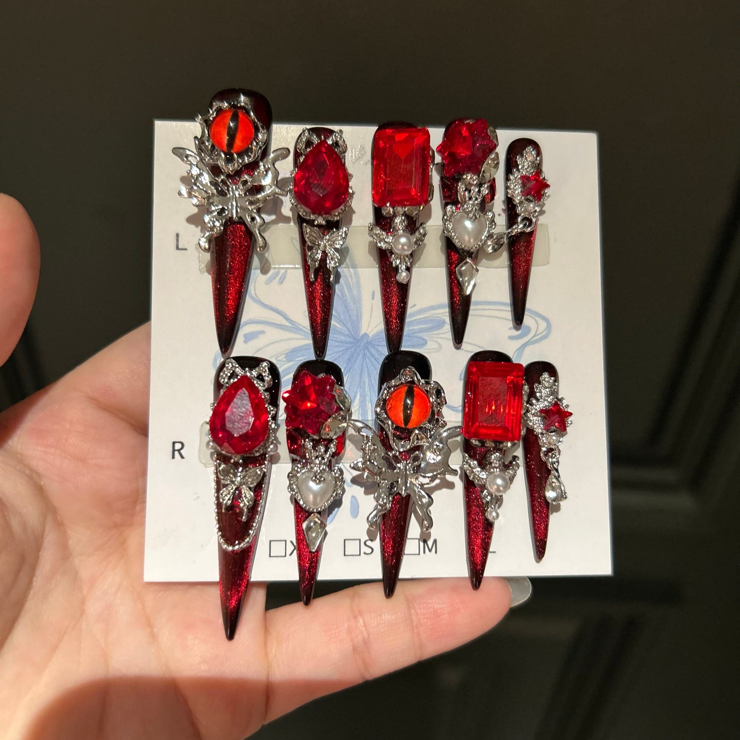 Hell's Eye Rhinestone Press-On Nails - Handmade Extra-Long Stiletto Glam Nails