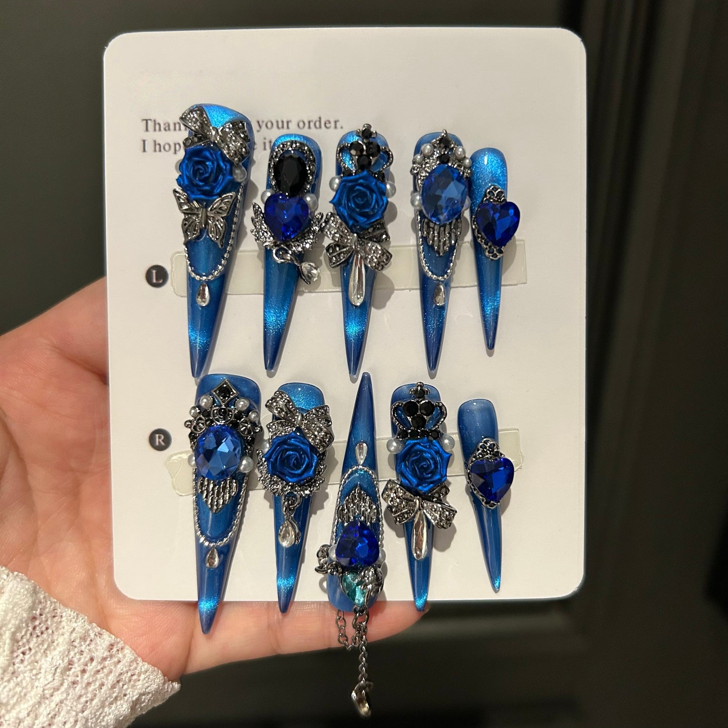 Deep Space Blue Cat-Eye Press-On Nails — Handmade Luxury Long Stiletto Fake Nails (Reusable)