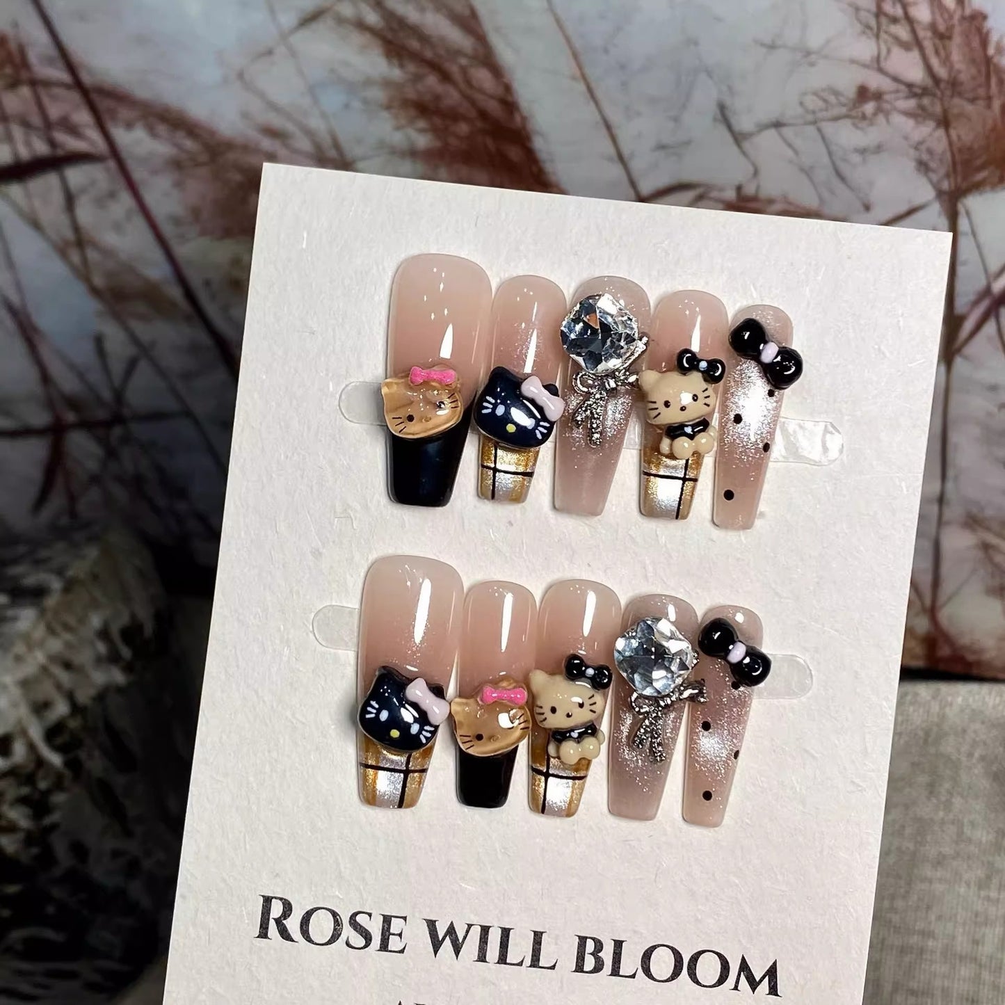 Black & Brown Plaid Cat-Eye Press-On Nails