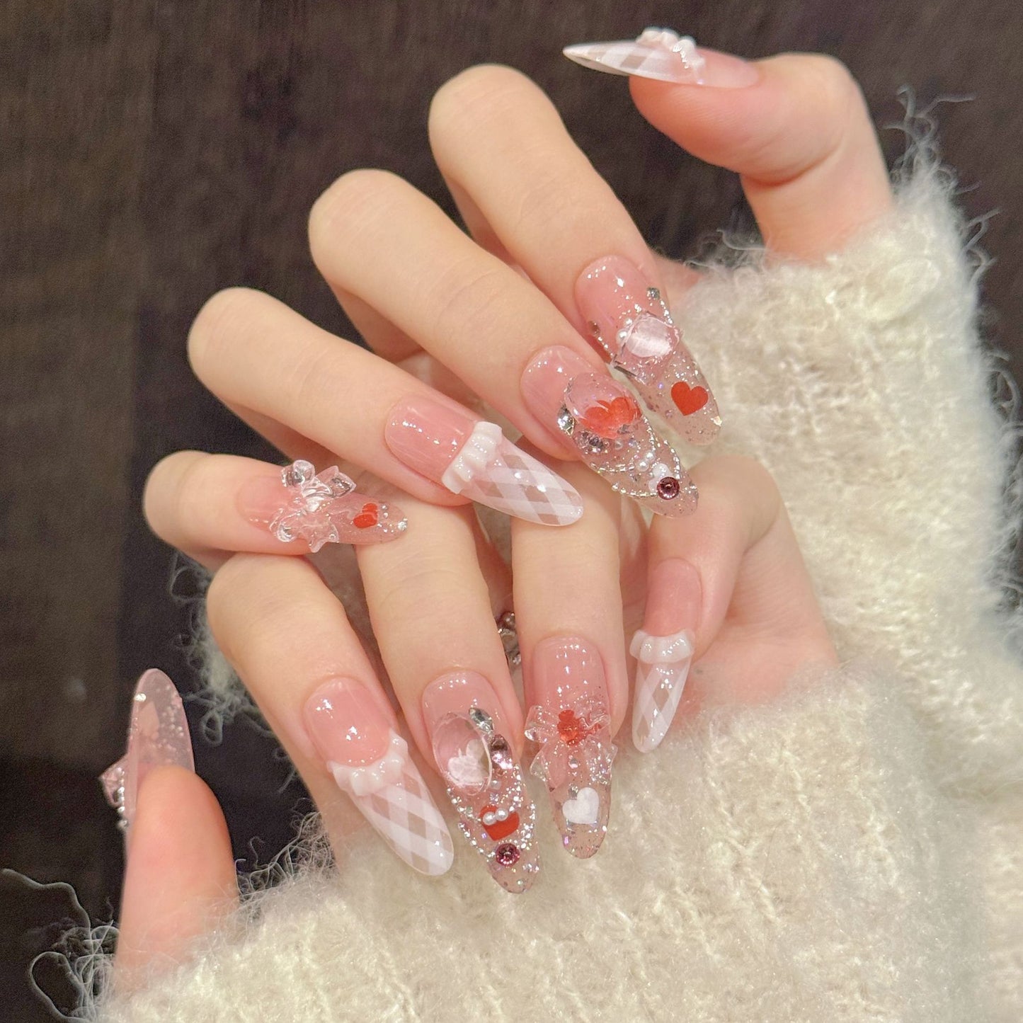 Margaret Creamy Ribbon Bow Press-On Nails | Handmade