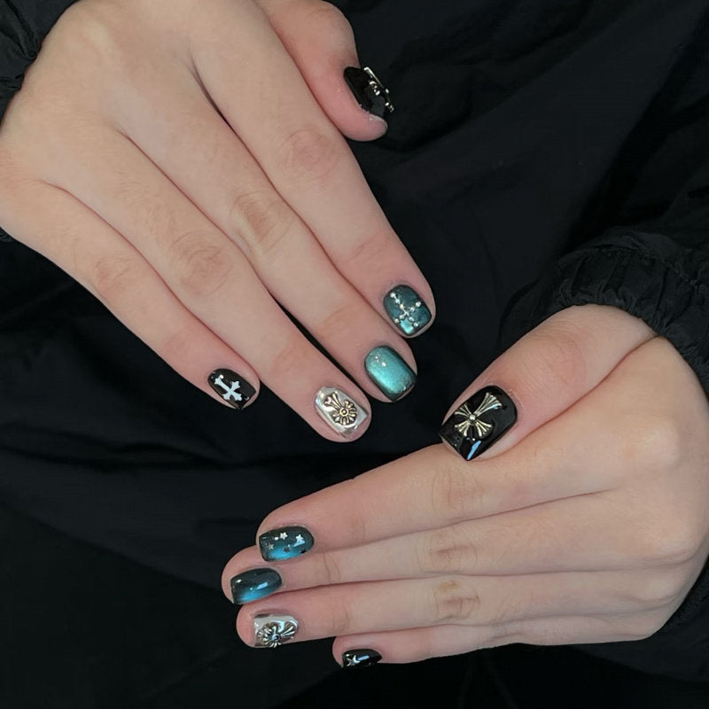 Midnight Blue Gothic Cross Cat-Eye Press-On Nails - New Short Square False Nails
