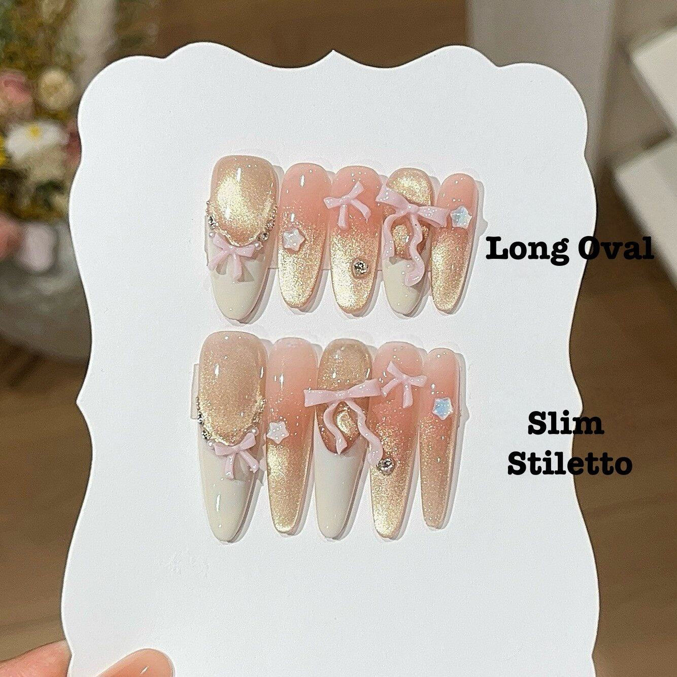 Dreamy Pink Ombre Cat-Eye Press-On Nails with Bow Charm