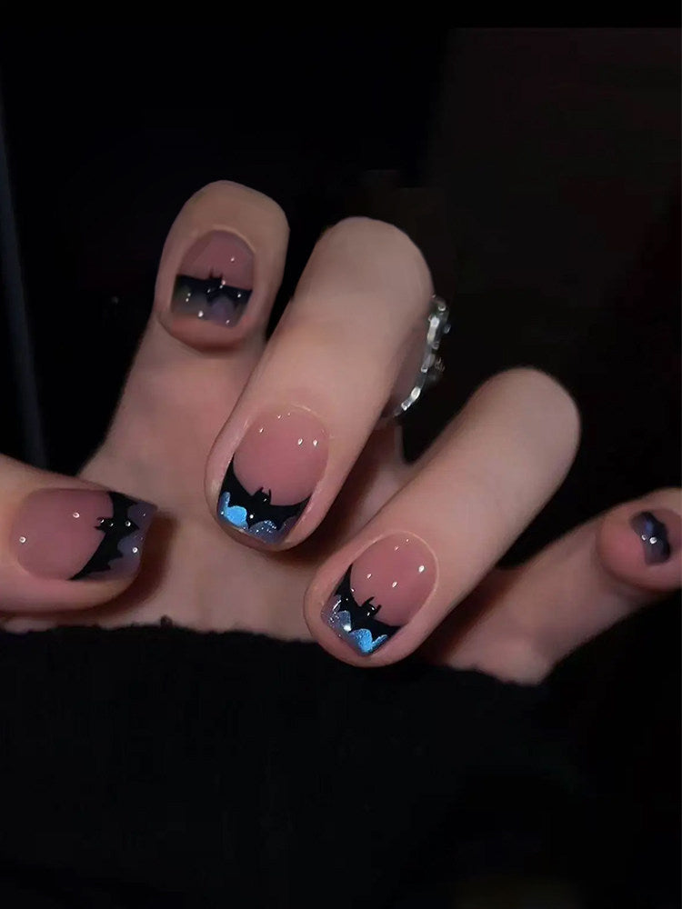 Glow-in-the-Dark Halloween Bat Press-On Nails - Blue Cat-Eye Handmade False Nails