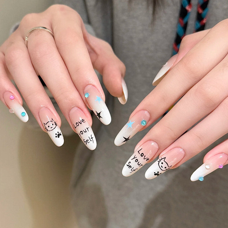 Twinkle Cat Press-On Nails — Milky Ombre Doodle Cat Long Almond Fake Nails