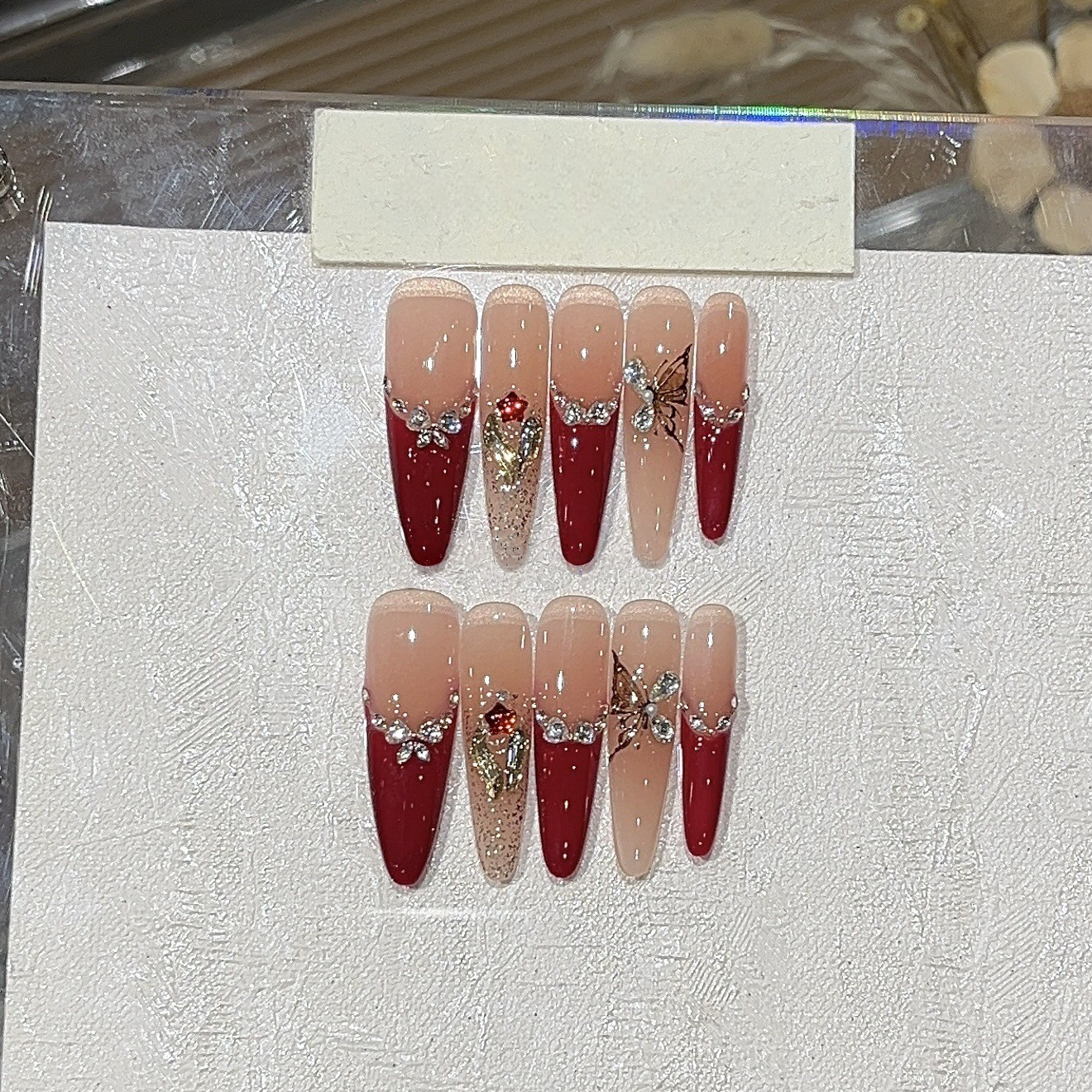 Dark Red Butterfly | Red French Rhinestone Press-On Nails