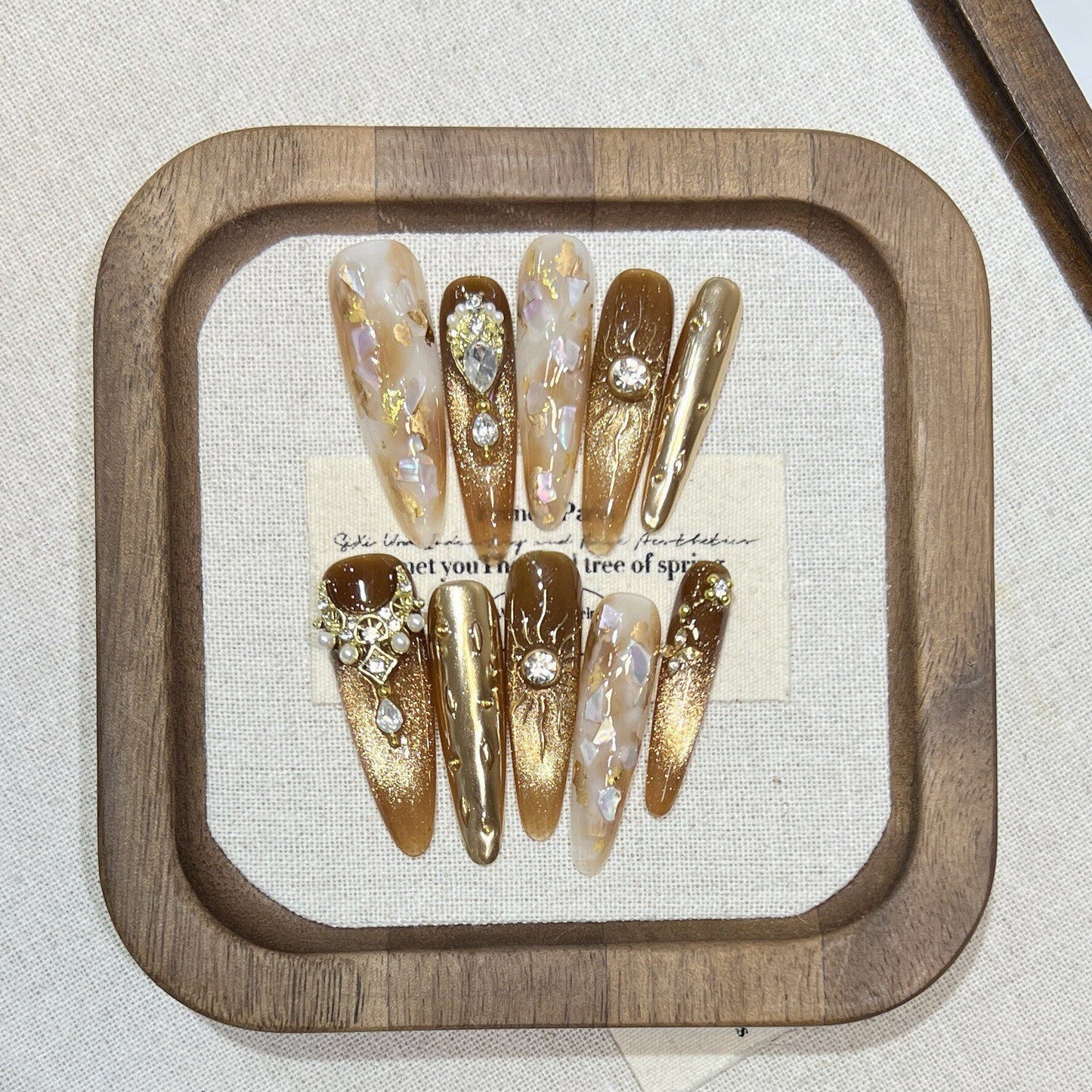 Golden Cat-Eye Rhinestone Press-On Nails - Luxury Handmade Long Stiletto