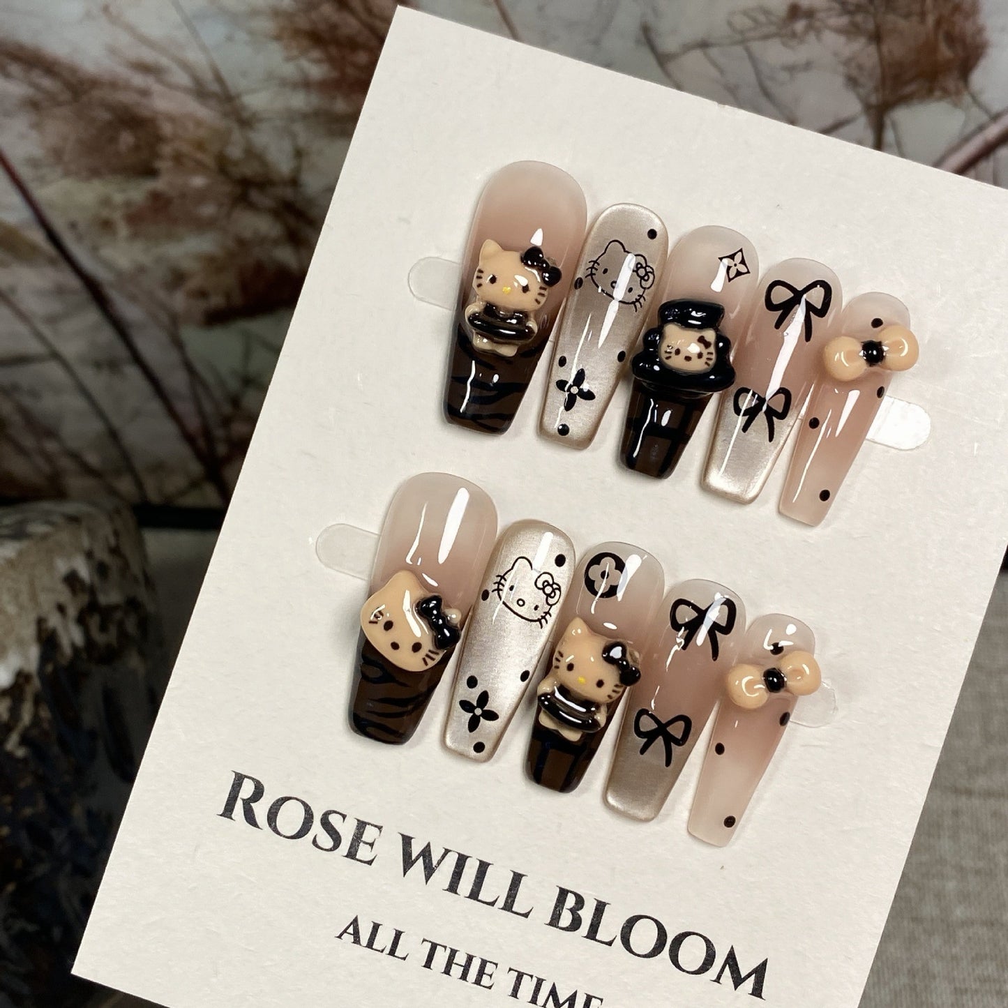 Caramel Kitty Mocha Cat-Eye Press-On Nails — 3D Bows