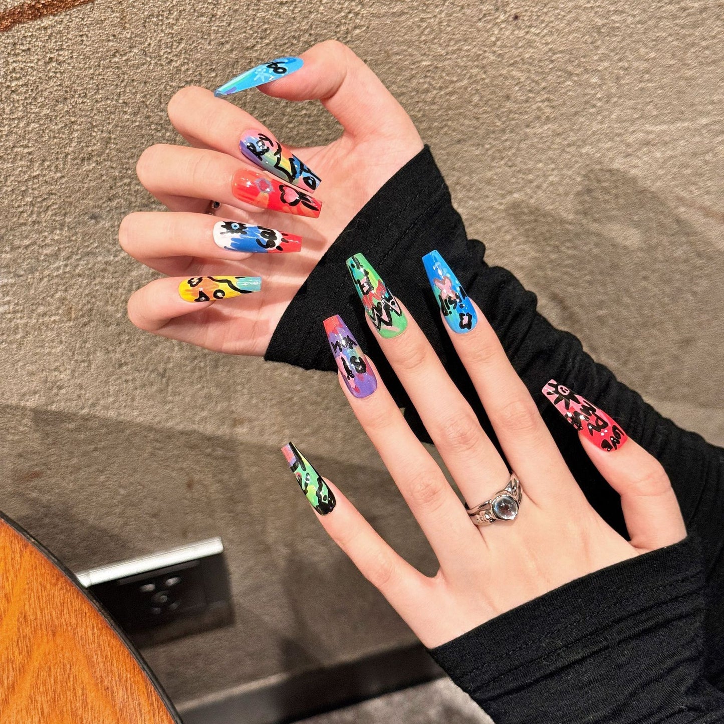 Colorful Hand-Painted Doodle Press-On Nails | Edgy Art