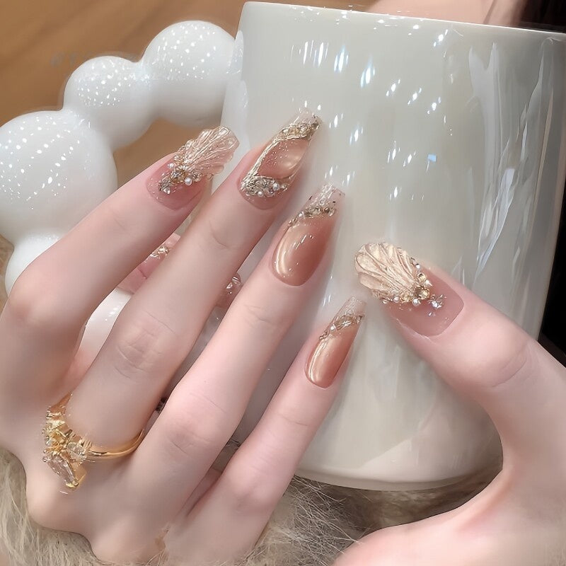 Mermaid Cat-Eye Press-On Nails - Glitter Mid-Length Handmade False Nails (3 Shapes)