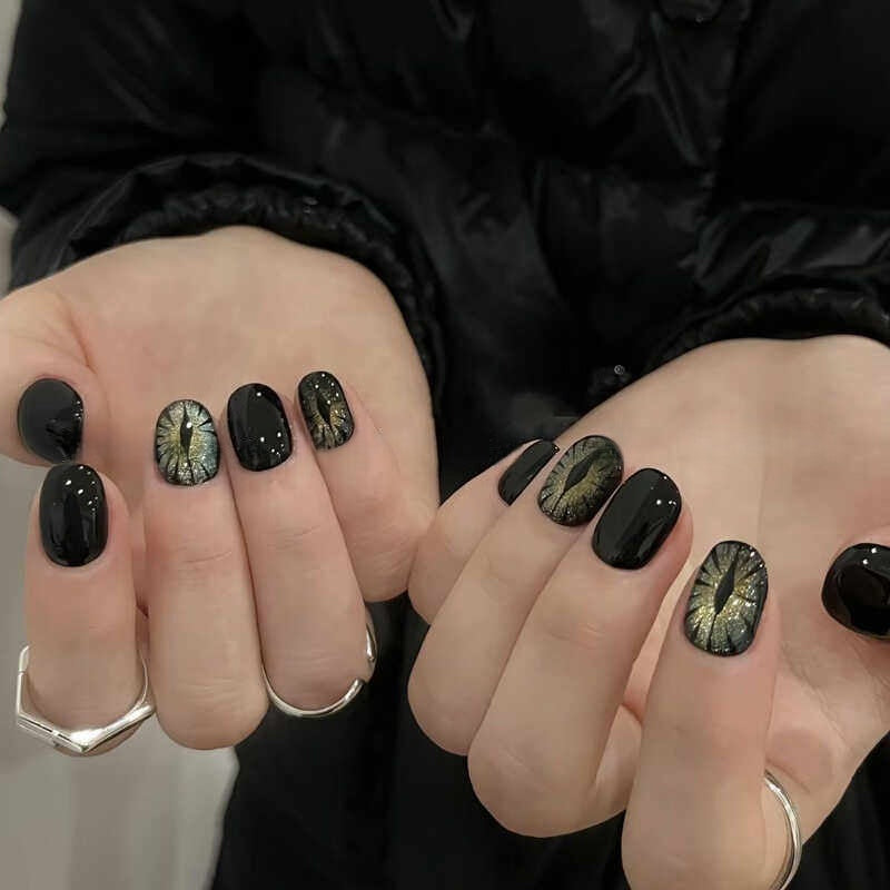 Dark Grunge Evil-Eye Press-On Nails - Hand-Painted Short Squoval False Nails