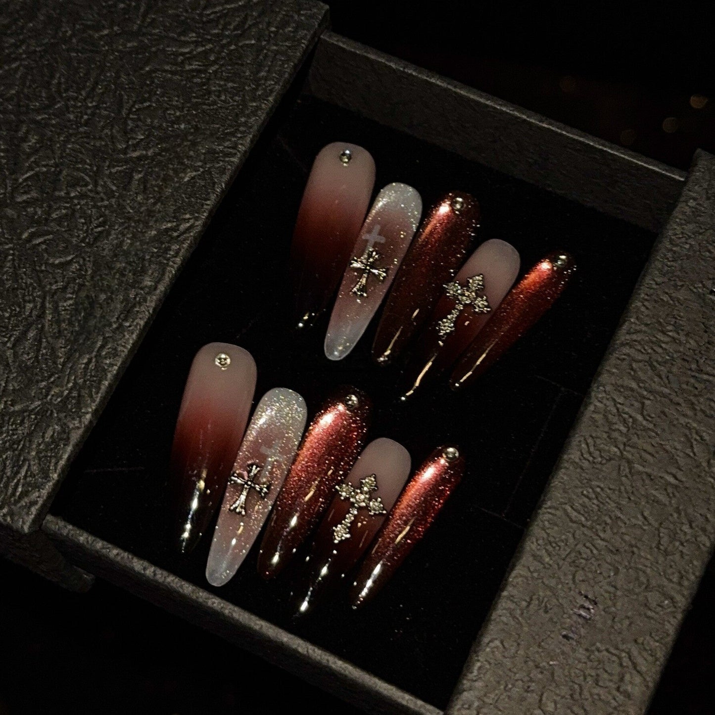 Blood Red Gothic Cross Cat-Eye Press-On Nails - Handmade Long Reusable Fake Nails
