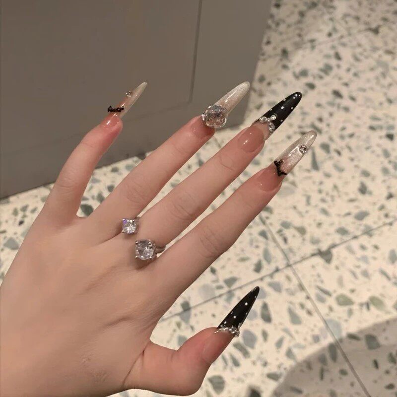 Handmade French Polka-Dot Bow Press-On Nails - Glitter Cat-Eye Rhinestone Long Stiletto