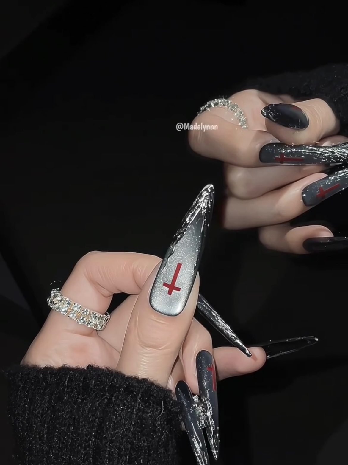 Silver Moon Cross Press-On Nails — Dark Cat-Eye Gothic Stiletto & Almond Fake Nails