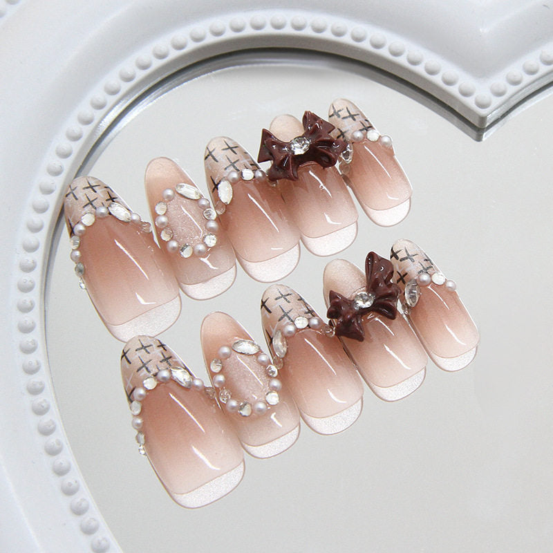 Chic Short Cat-Eye Bow Rhinestone Press-On Nails - 30-Piece Glue-On Set