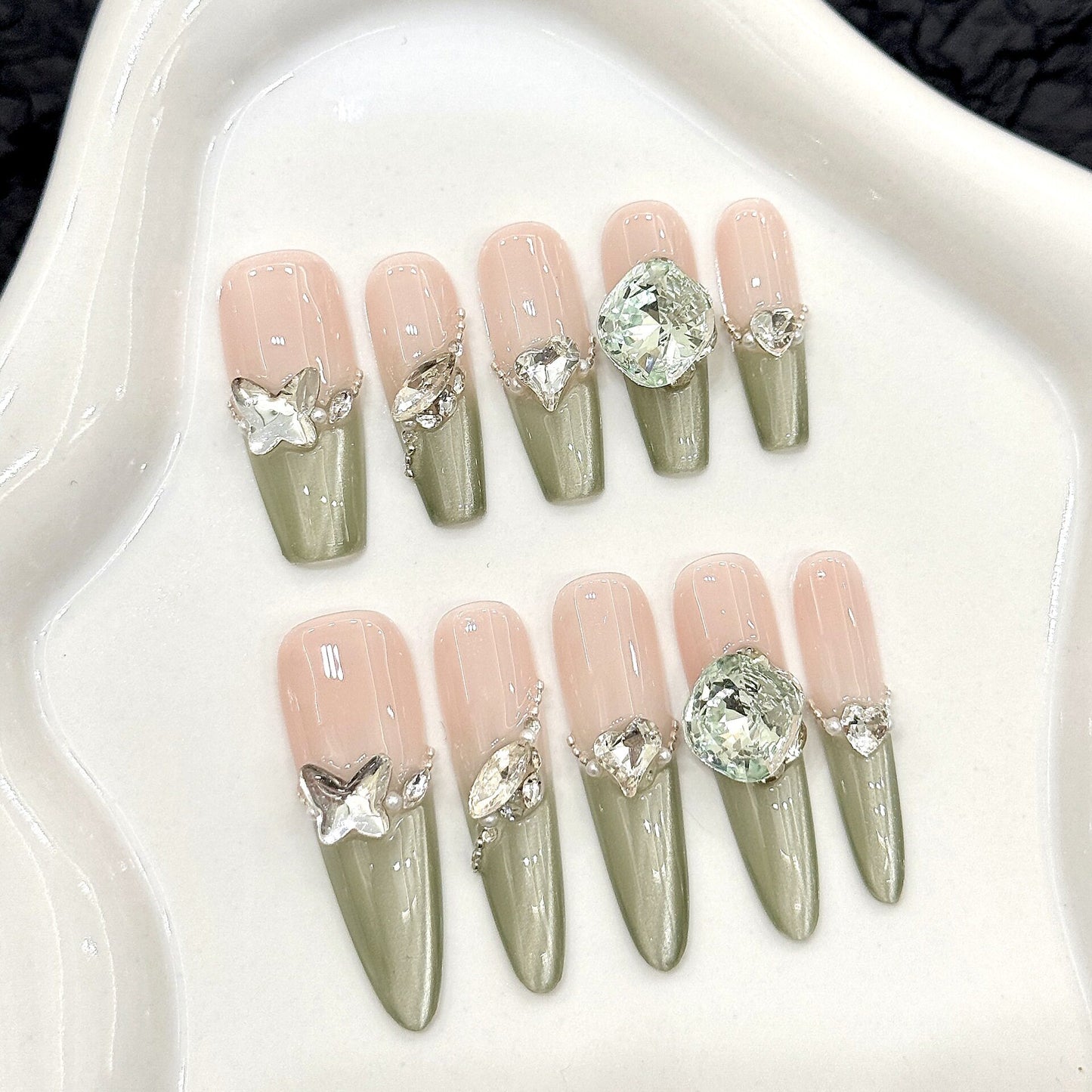 Olive Green & Mint Cat-Eye Press-On Nails