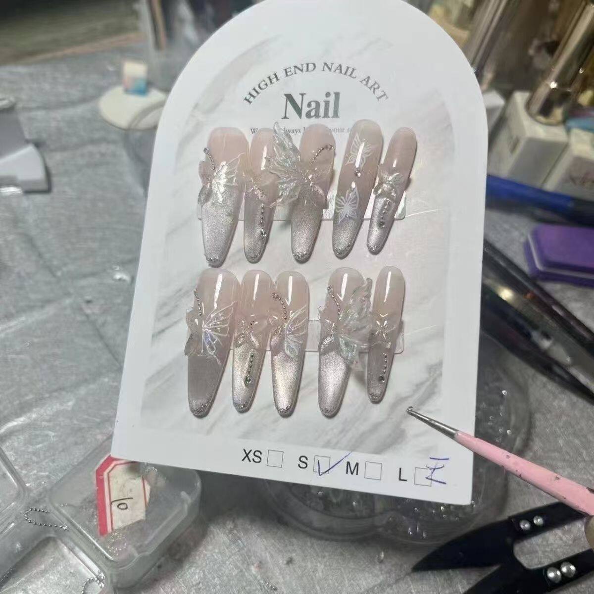 Ice Dew Butterfly Cat-Eye Press-On Nails - Handmade Extra-Long Glossy Fake Nails
