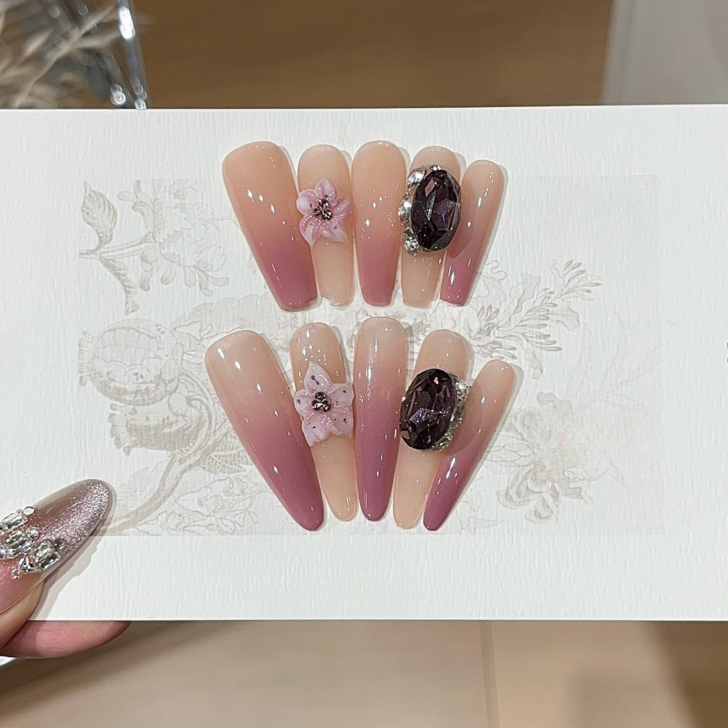 Grape Jam Gradient Press-On Nails | Handmade 3D Ice-Flower Gems