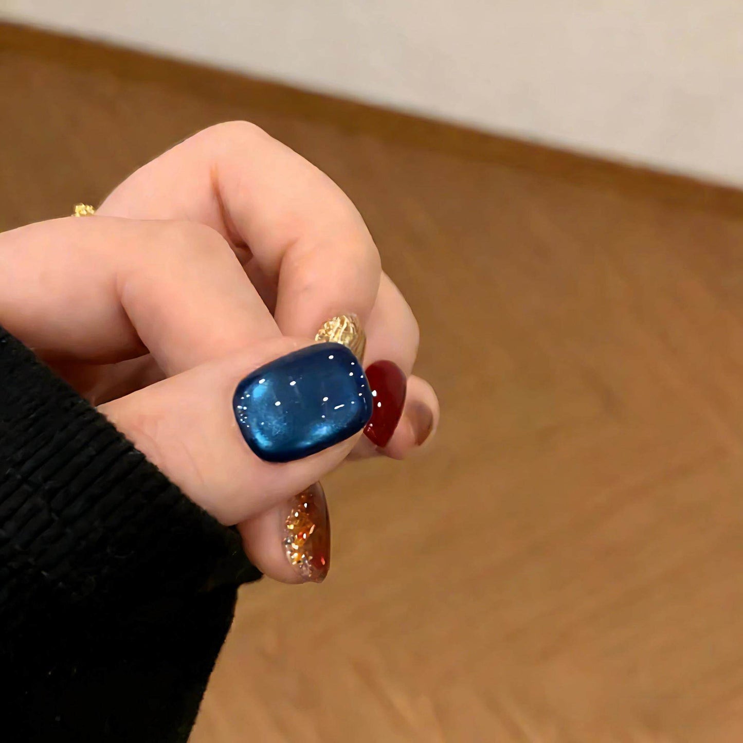 Red Blue Cat-Eye Chrome Press-On Nails - Short Color-Block Party False Nails